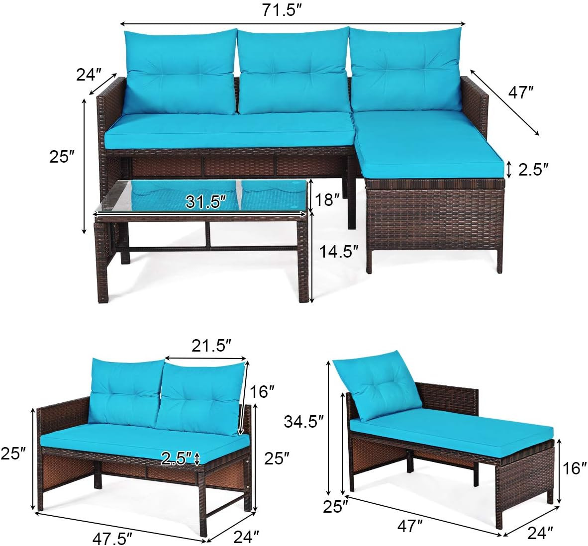 Patio Corner Sofa Set 3 Piece, Outdoor Rattan Sofa Set, Includes Lounge Chaise,
