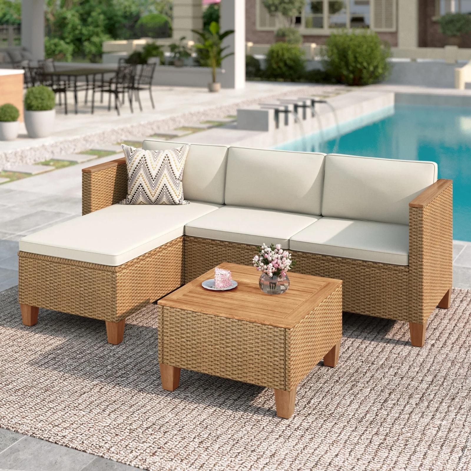 MF Studio 3 PCS Patio Furniture Set PE Rattan Sectional Sofa Ottoman Beige NEW