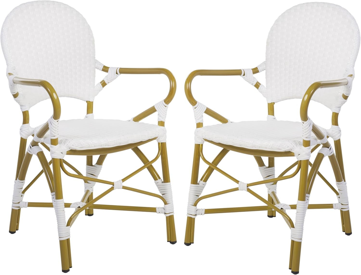 Set of 2 White Rattan Stacking Arm Chairs for Indoor/Outdoor Use