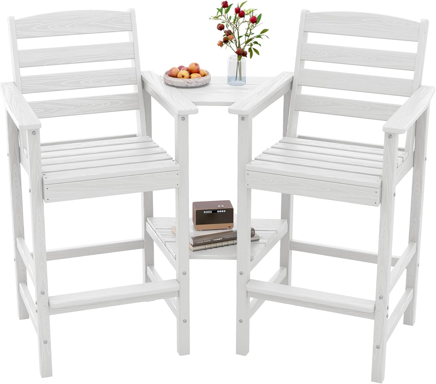 Set of 2 Tall Adirondack Chairs with Table for Outdoor Relaxation, White