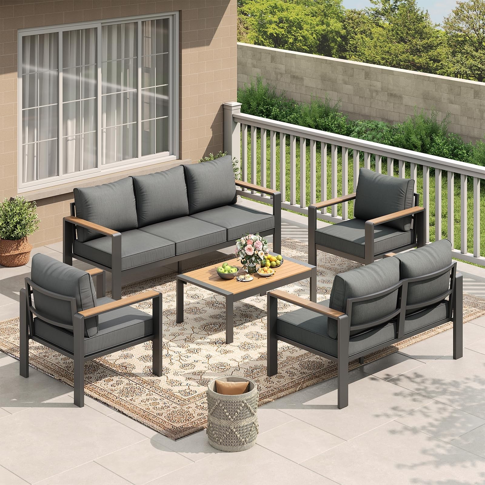 5-Pieces Patio Furniture Set Outdoor Sectional Sofa Metal Sofa W/ Table 7 Seats