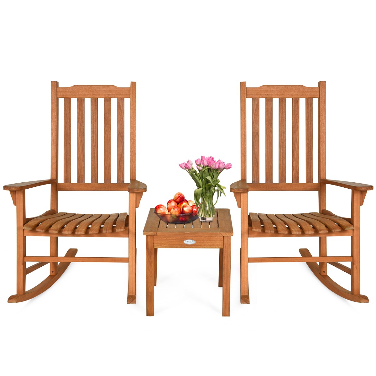 3-Set Eucalyptus Rocking Chair Set Beach W/Coffee Table 2 Conversation Chairs