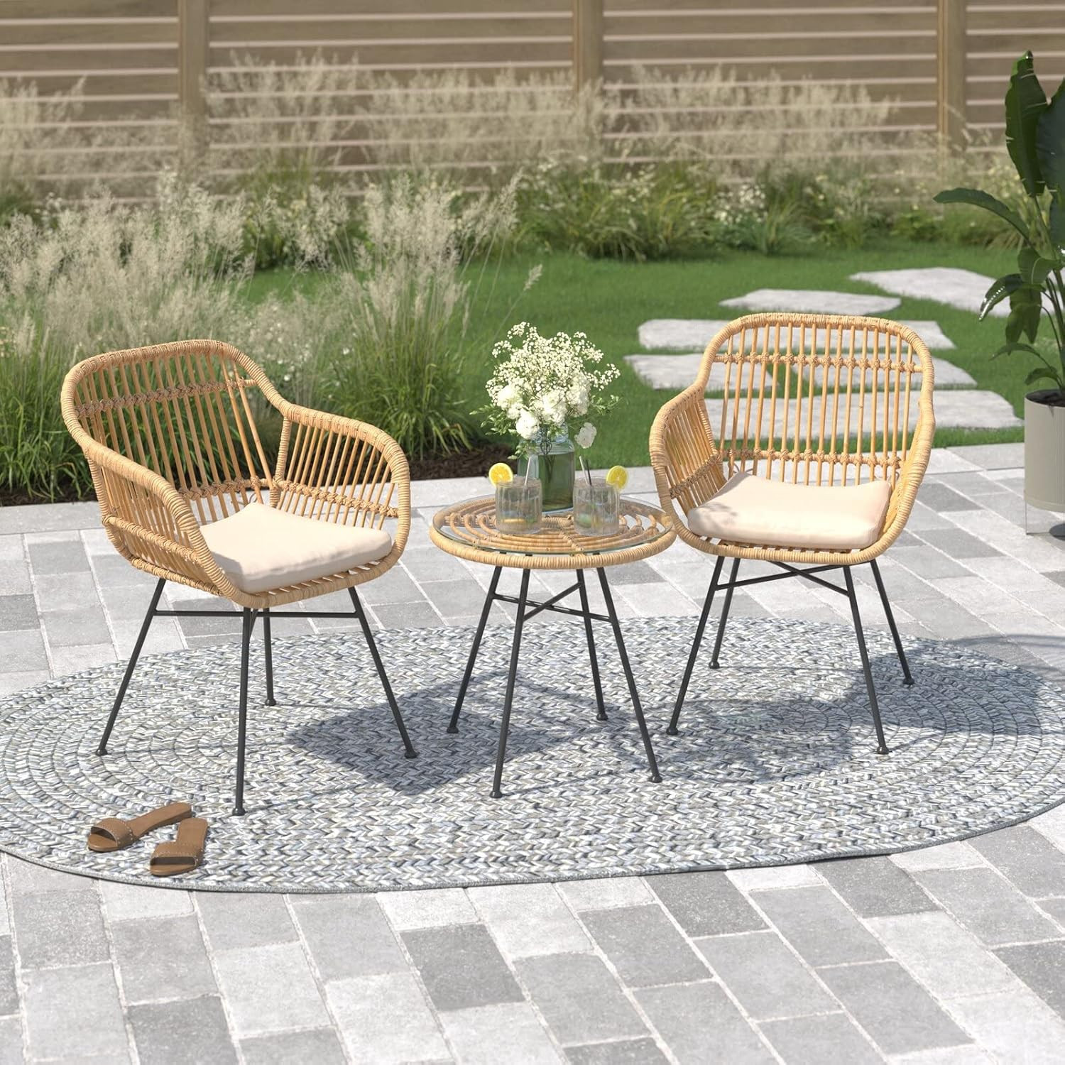 Barton 3Pcs Outdoor Bistro Chair Set Patio Conversation Wicker Chairs Glass Tabl