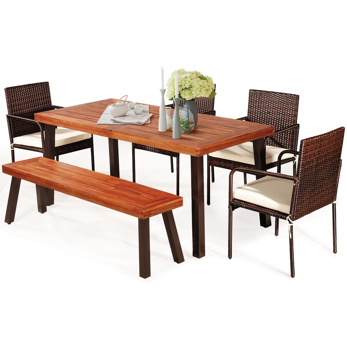 Costway 6PCS Patio Rattan Dining Set Acacia Wood Tabletop Cushioned Chair