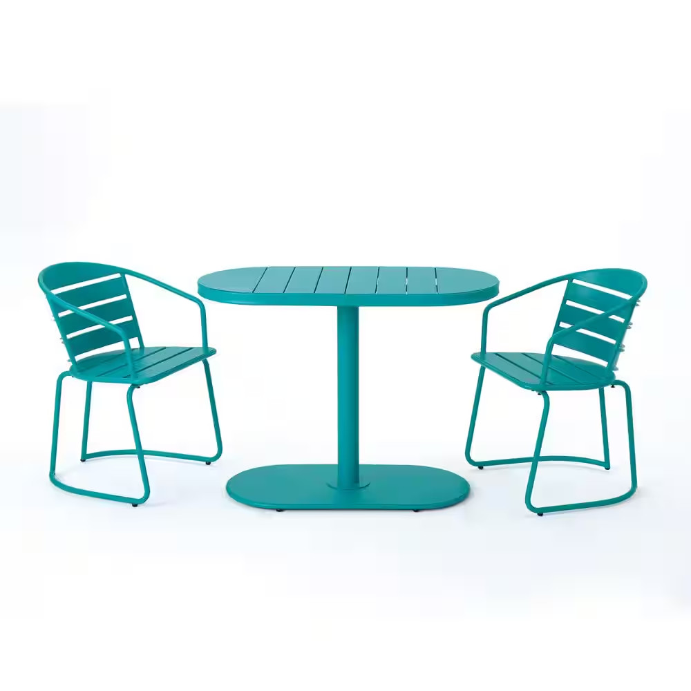 3-Piece Blue Metal Outdoor Bistro Set with Coffee Table and 2 Chairs for Patio,