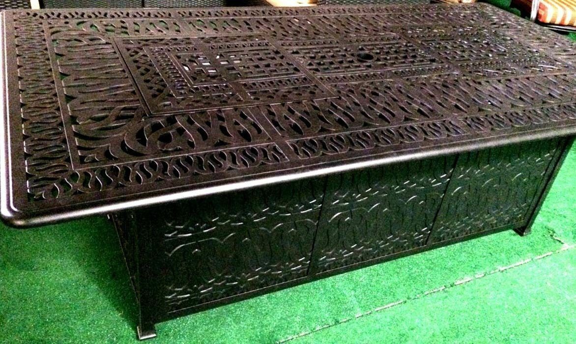 Luxury propane fire pit rectangle outdoor dining set 9 piece cast aluminum patio
