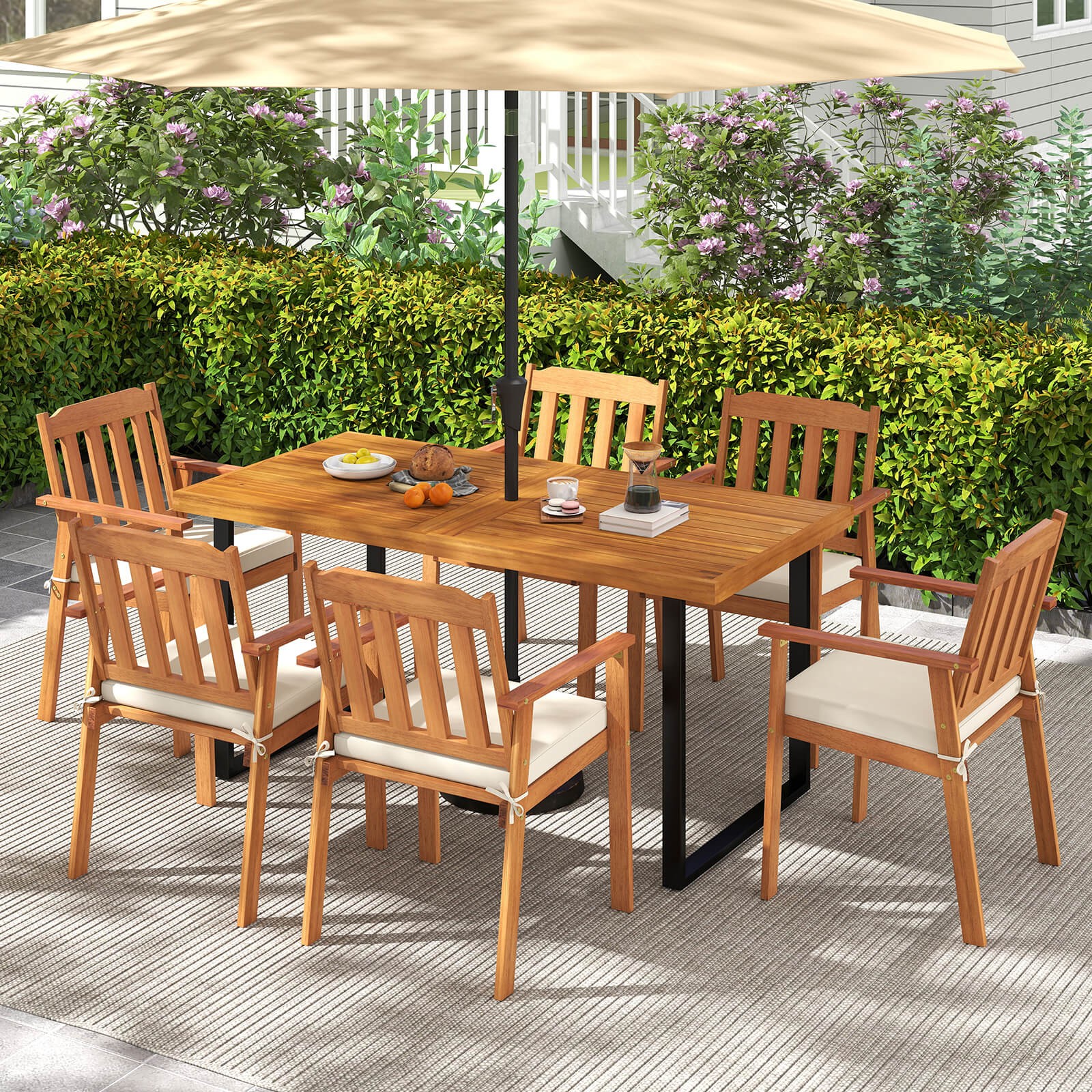 7PCS Patio Dining Table Set, 63” Table & 6 Acacia Wood Armchairs w/Umbrella Hole