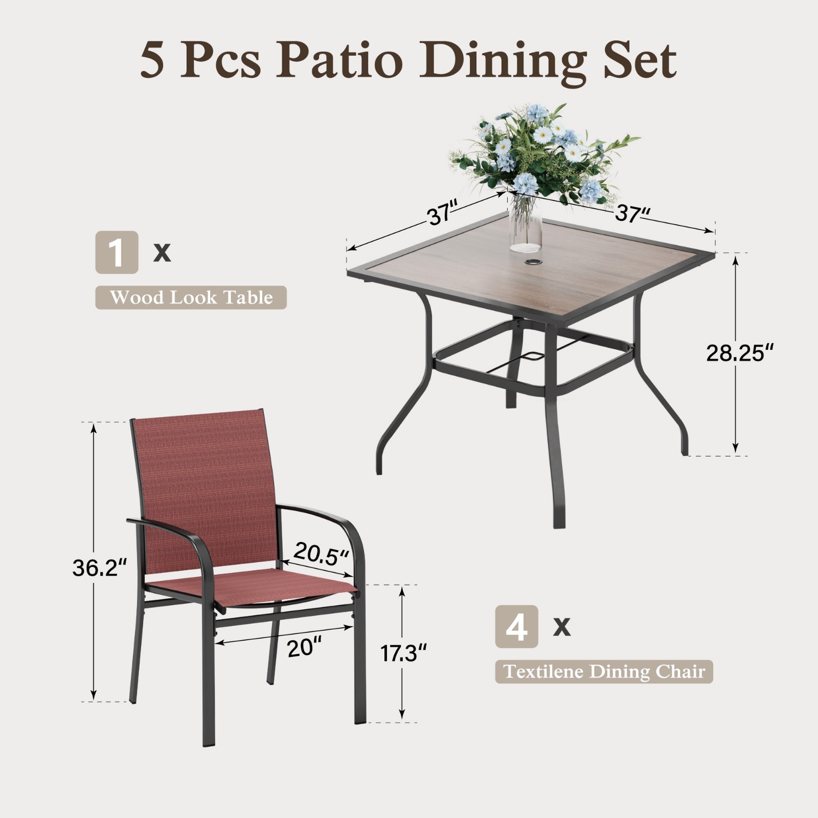 5 Piece Outdoor Dining Set Patio Table Chairs Set with 1.57″ Umbrella Hole