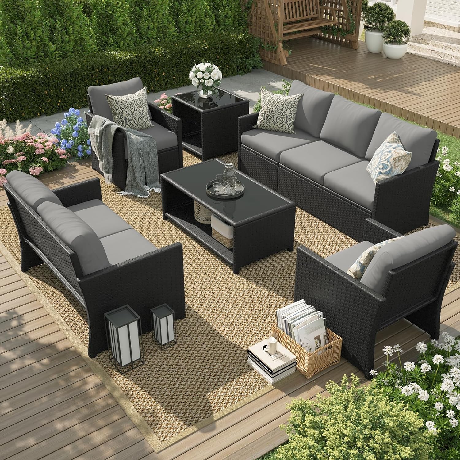 7 Piece Outdoor Patio Set Wicker Conversation Furniture with Two Tables Garden