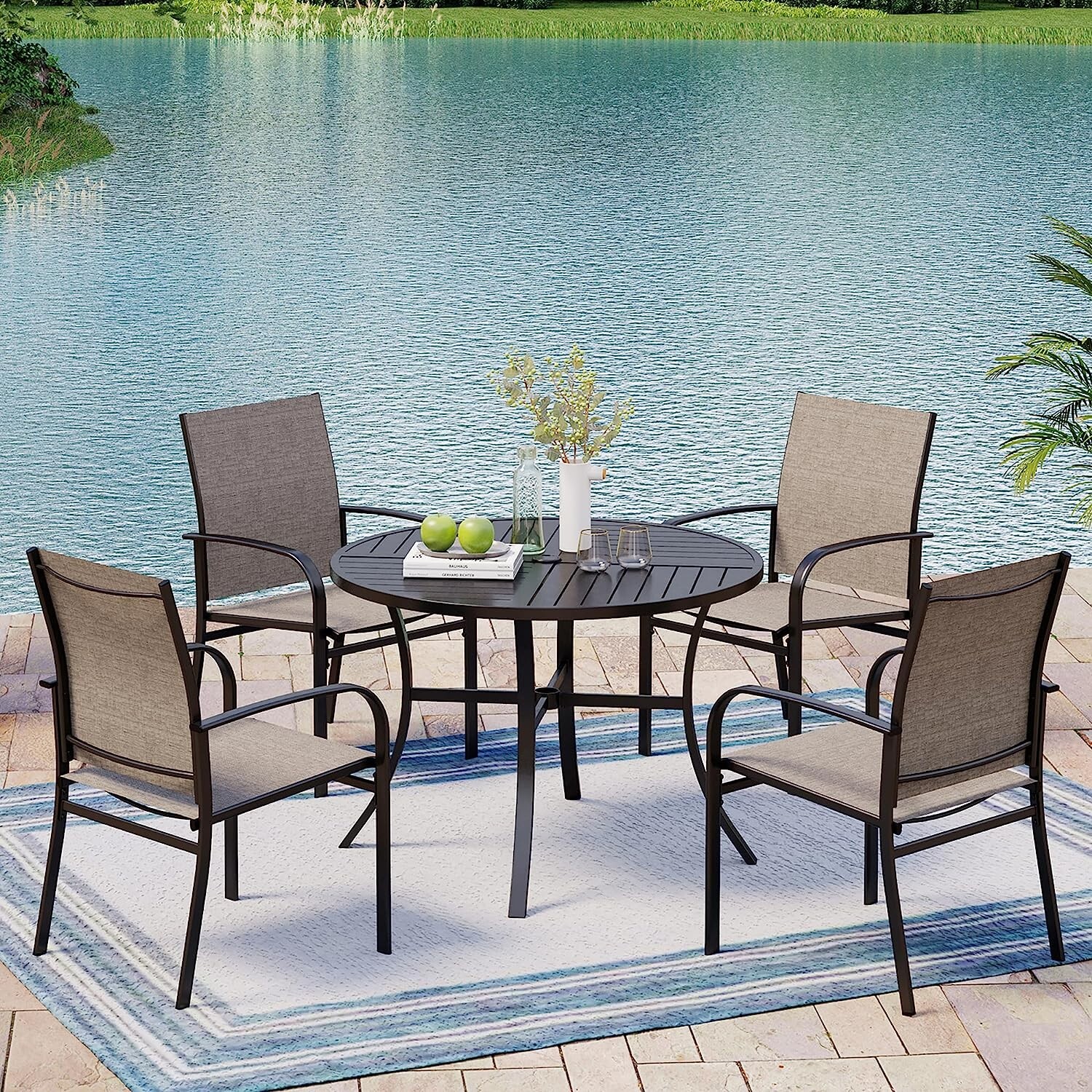 5 Piece Outdoor Dining Set Patio Table Chairs Set Round Table w/ Umbrella Hole