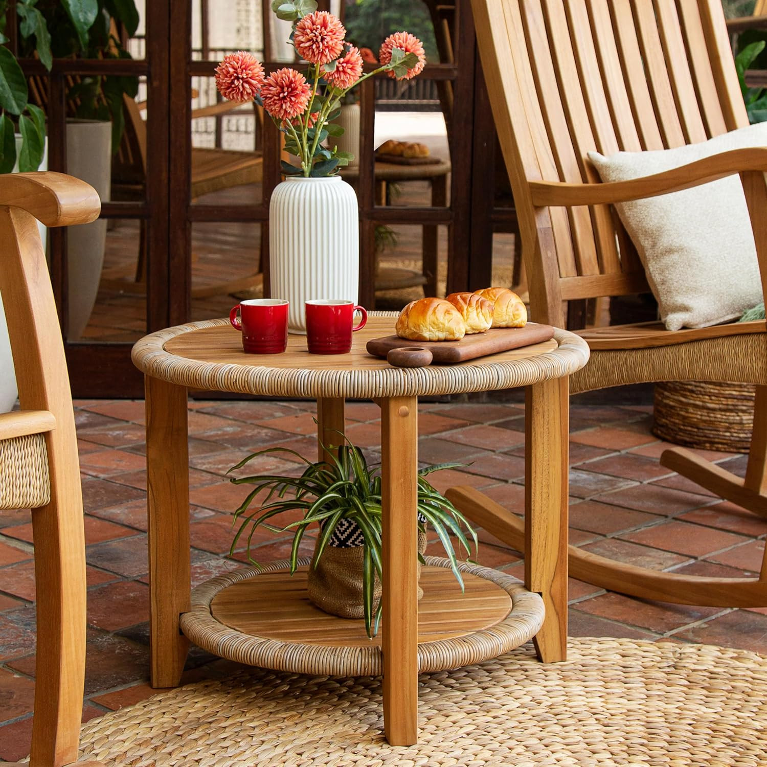 Seaside Outdoor Side Table, Natural Teak/All-Weather Wicker