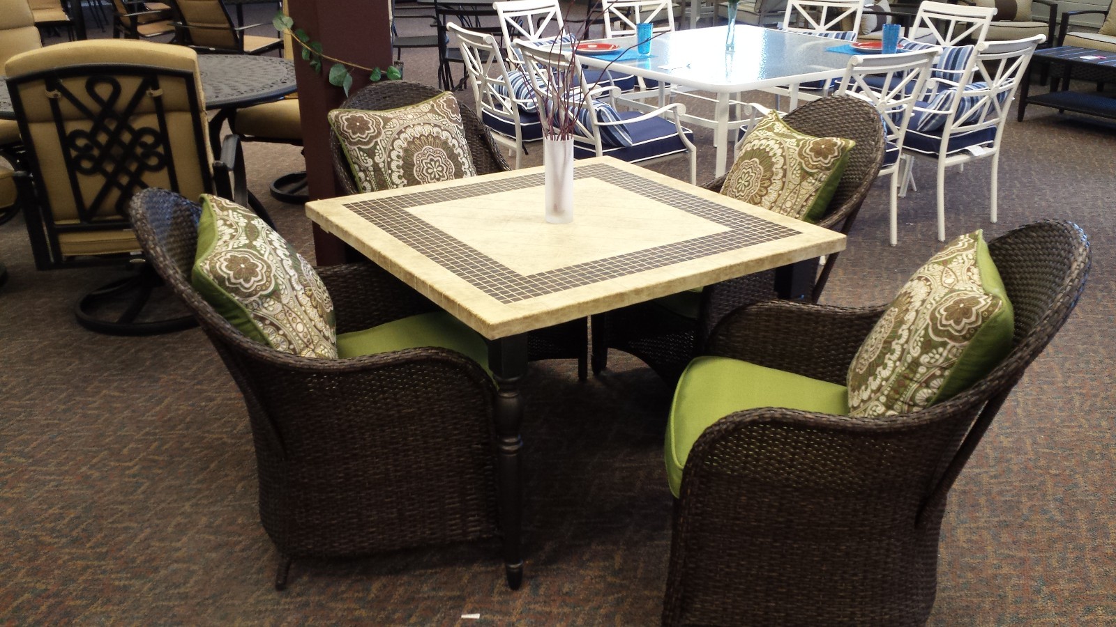Shoshone 5 piece wicker weather stone table and cushioned club chairs dining set