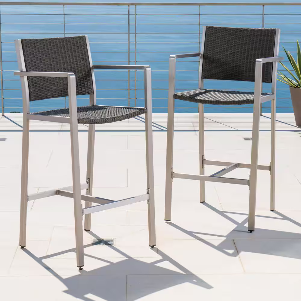Aluminum Outdoor Bars Tools with PE Rattan Seat and Backrest, Grey and Silver (2