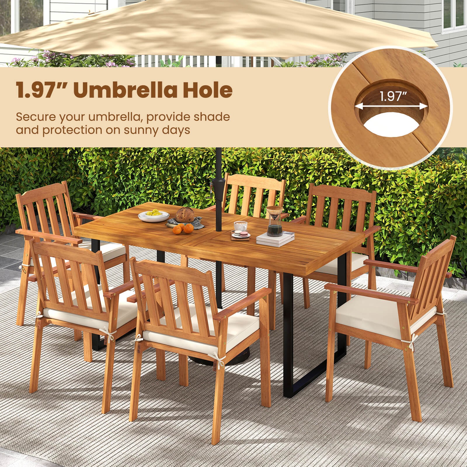 7PCS Patio Dining Table Set, 63” Table & 6 Acacia Wood Armchairs w/Umbrella Hole