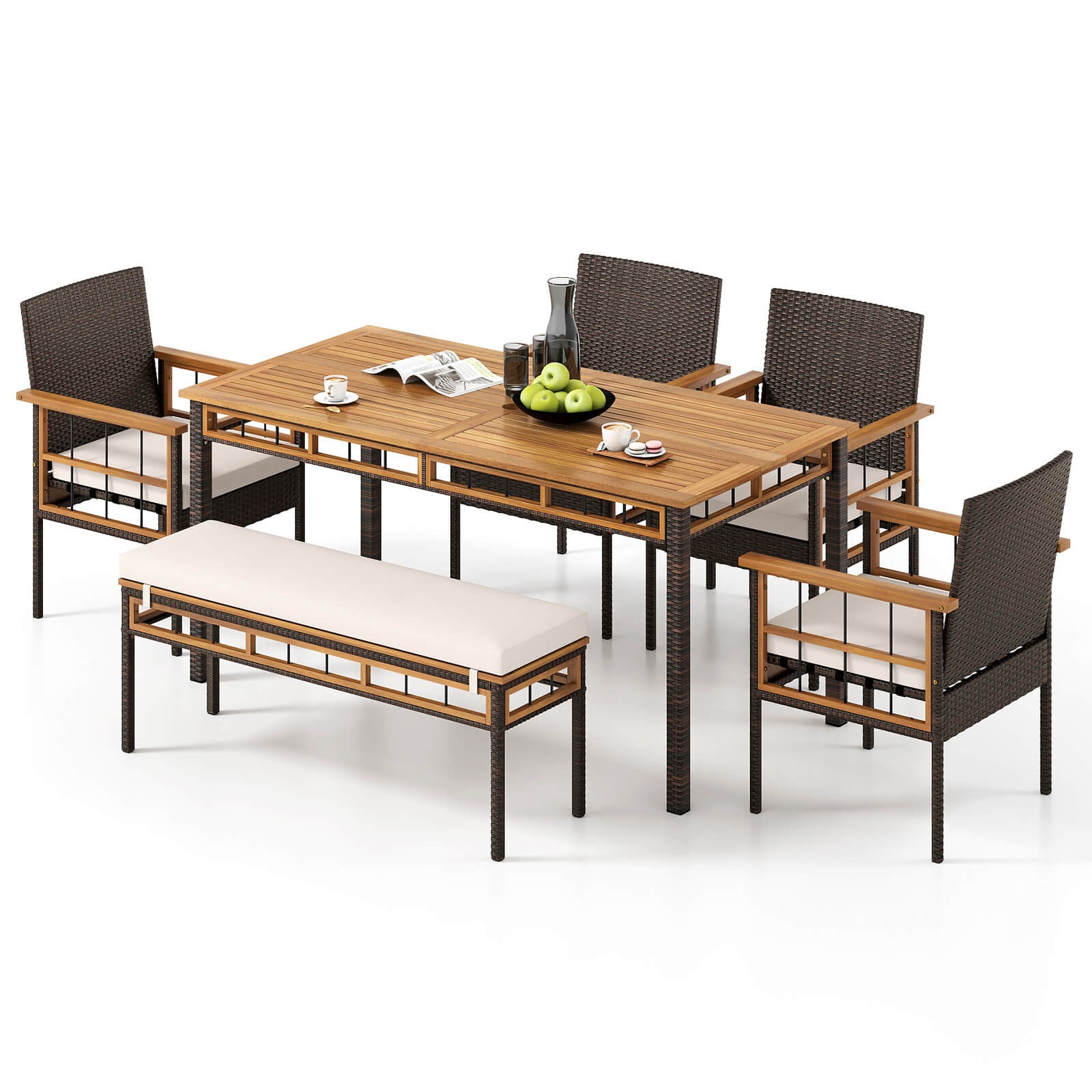 6PCS Acacia Wood Table Backless Bench 4 Armchairs w/1.97” Umbrella Hole Cushion