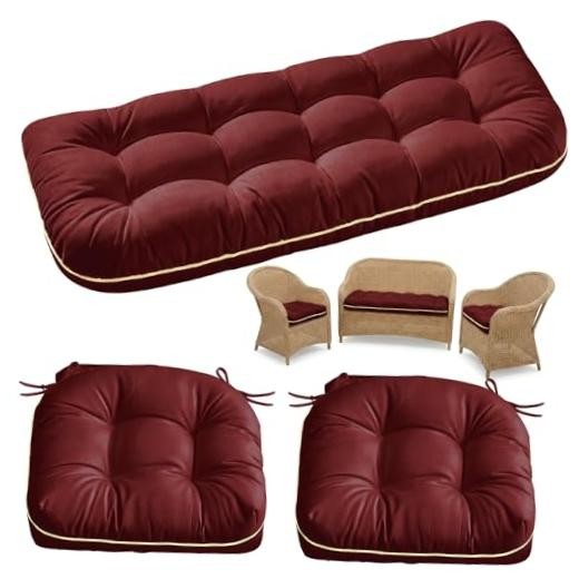 Wicker Chair Cushions 3 Pieces Set for Outdoor Furniture, Replacement Burgundy
