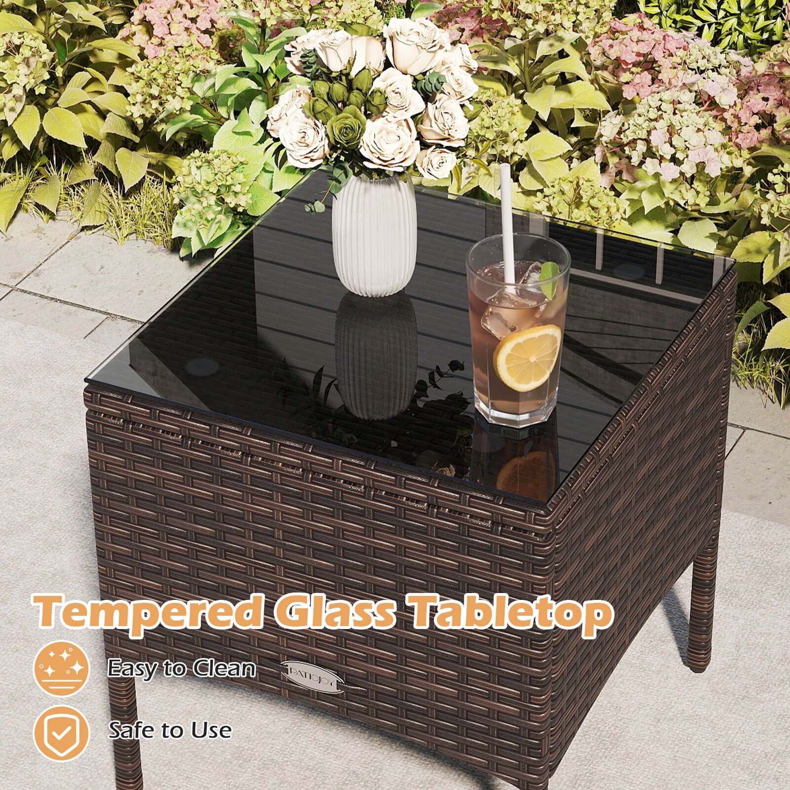 3 PCS Patio PE Wicker Furniture Set w/Cushions and Tempered Glass Coffee Table