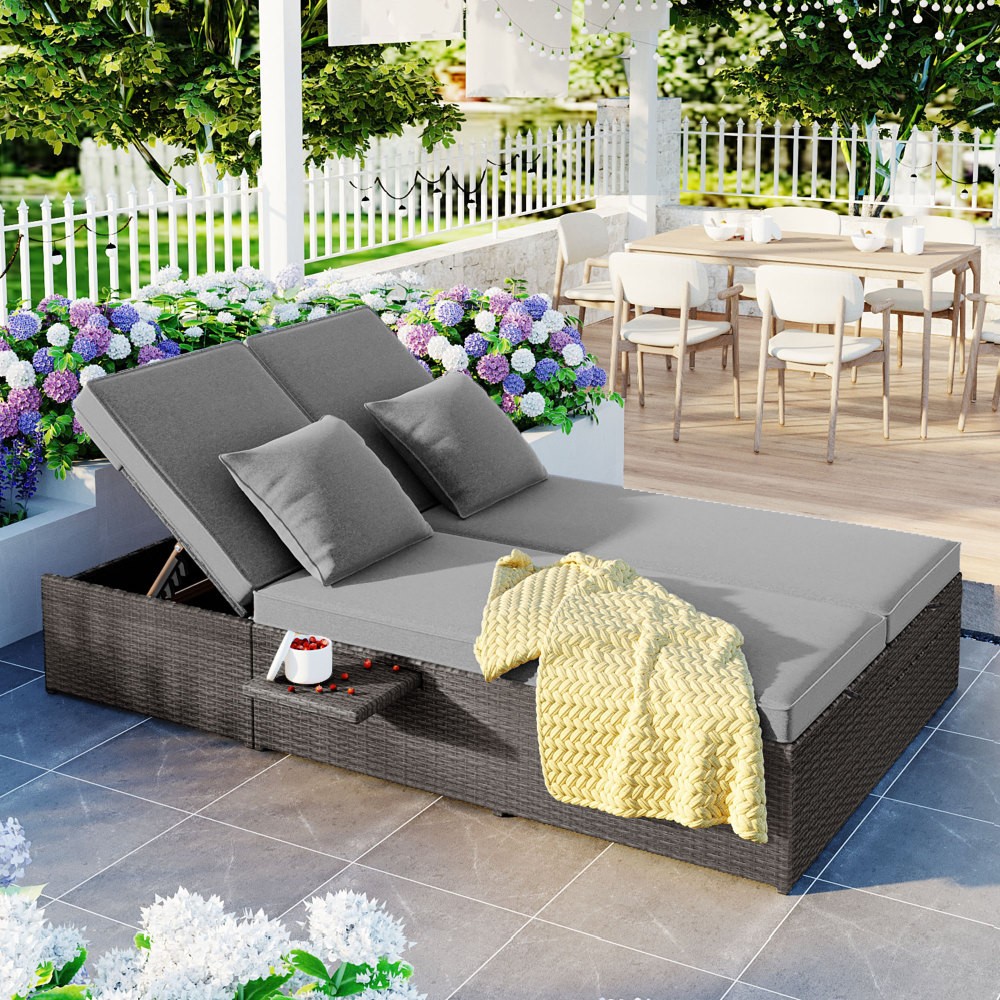 Outdoor PE Rattan Reclining Sun Lounger Set of 2 w/ Cushion, Wheels, Gray