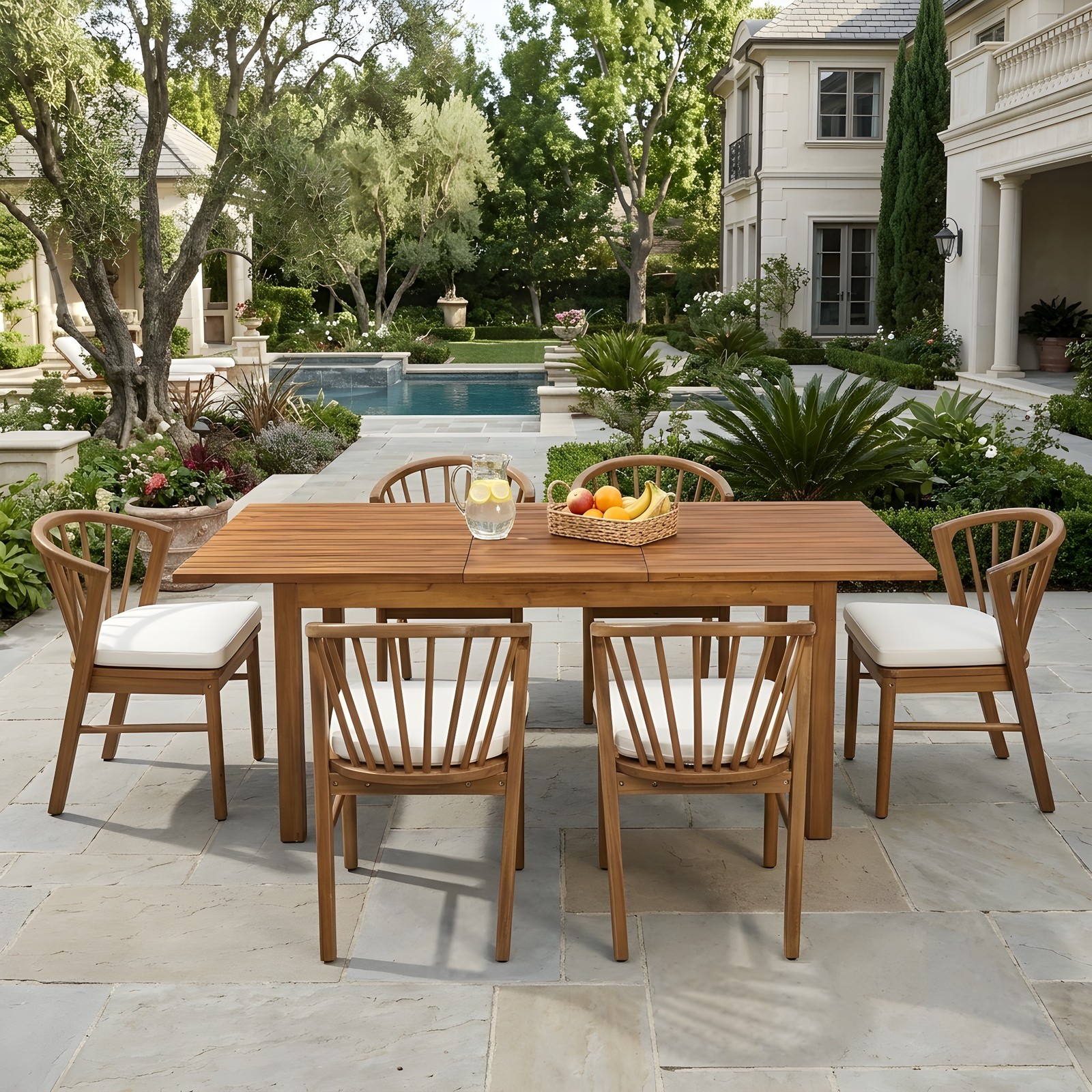 7-Piece Acacia Wood Outdoor Dining Set with Cream Cushions, 6 Chairs & 1 Table