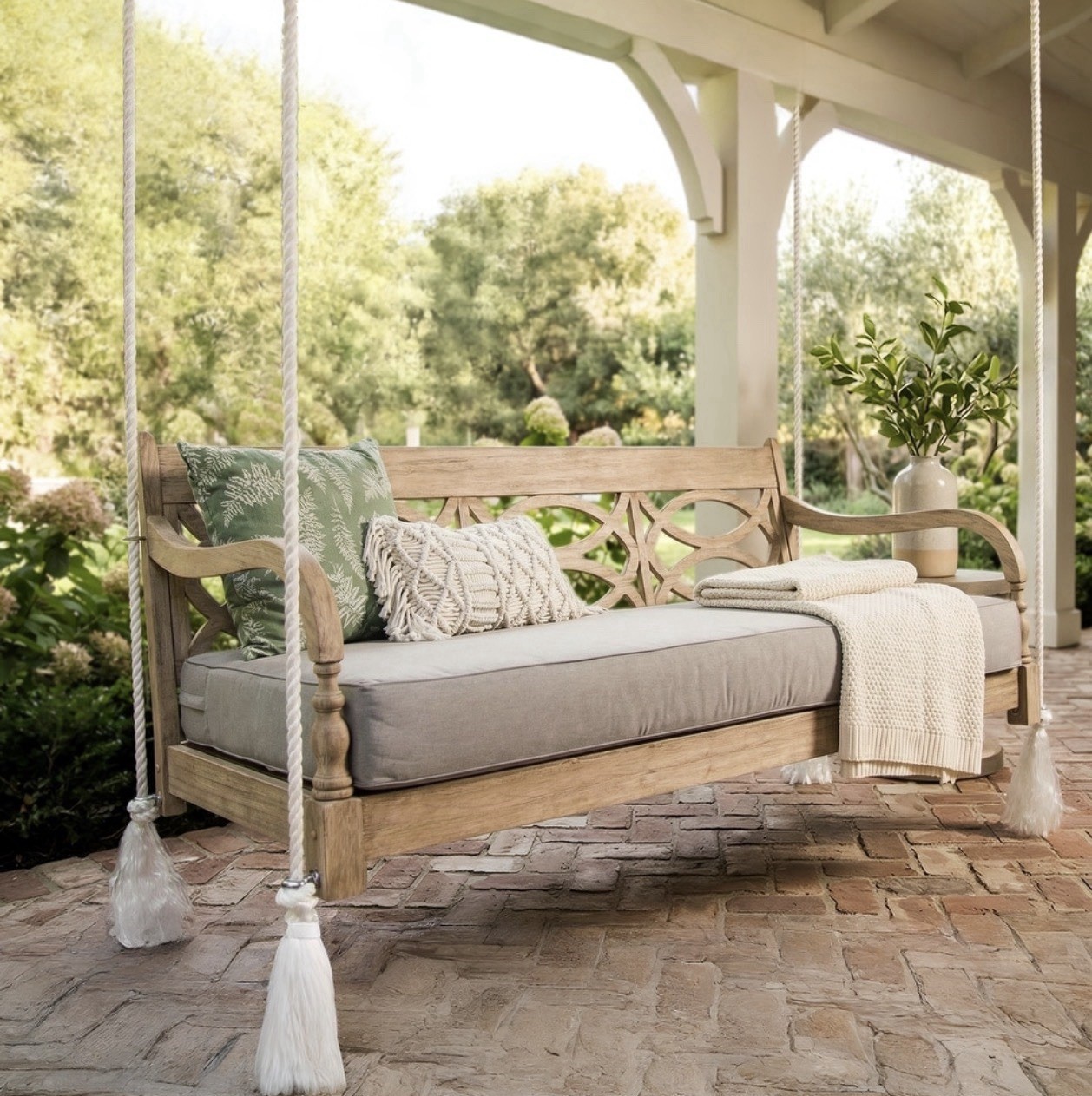 Renley 5.6 FT Mahogany Porch Swing Daybed with Oyster Cushion, Lime Wash Finish