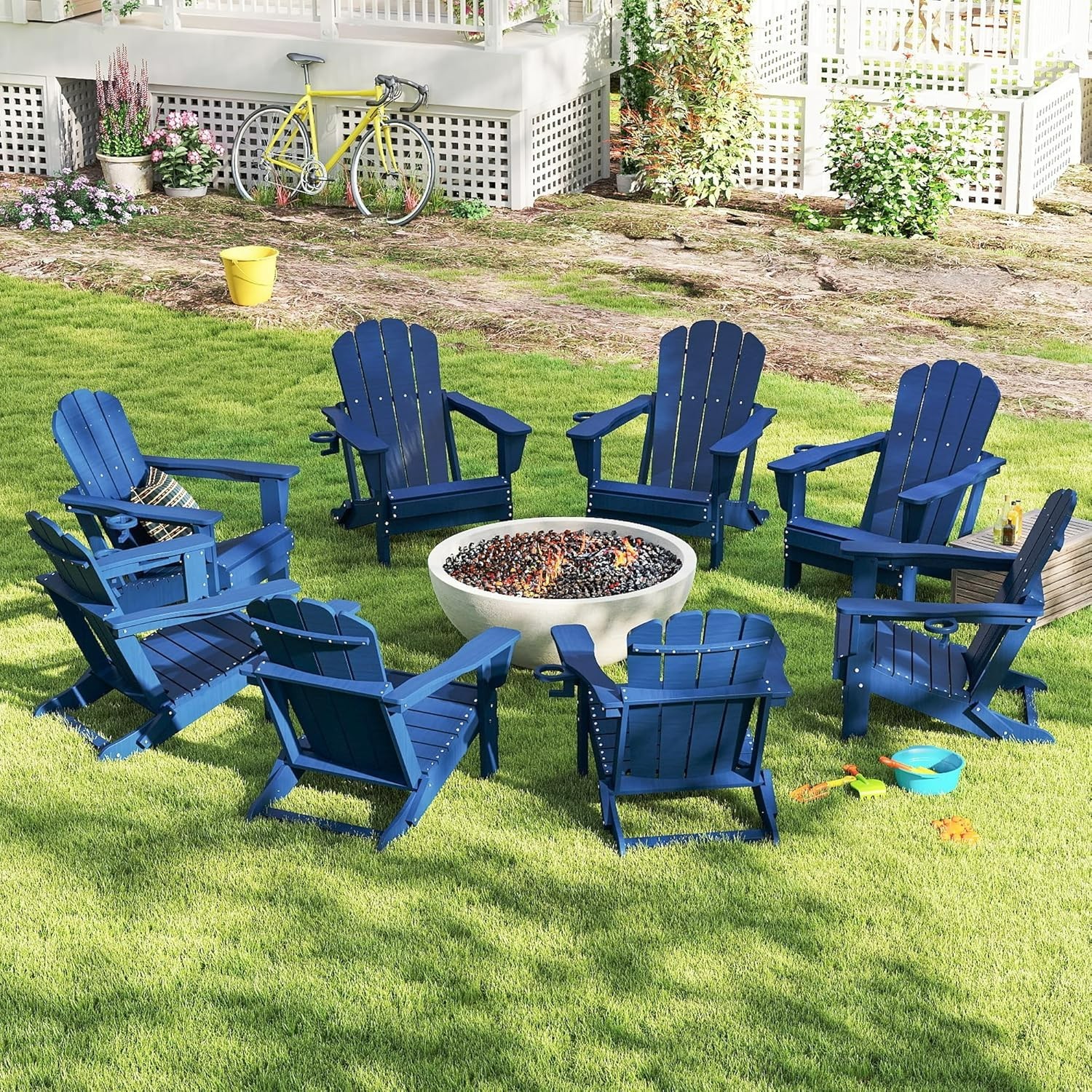 6pcs All-Weather HDPE Folding Adirondack Chair Fire Pit Chair w/Cup Holder,Blue