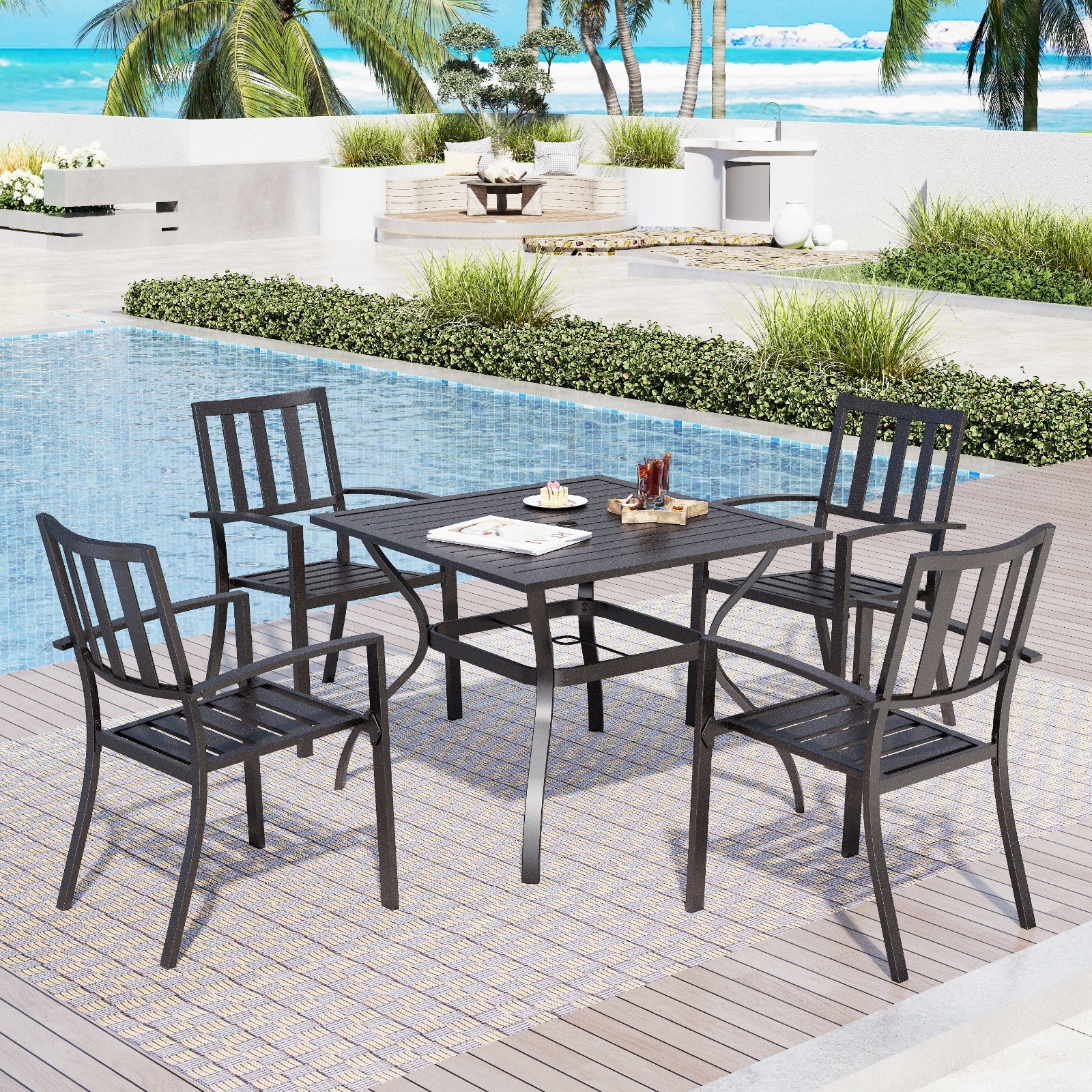 5 Piece Outdoor Dining Set for 4 Square Table w/ Umbrella Hole Stackable Chairs