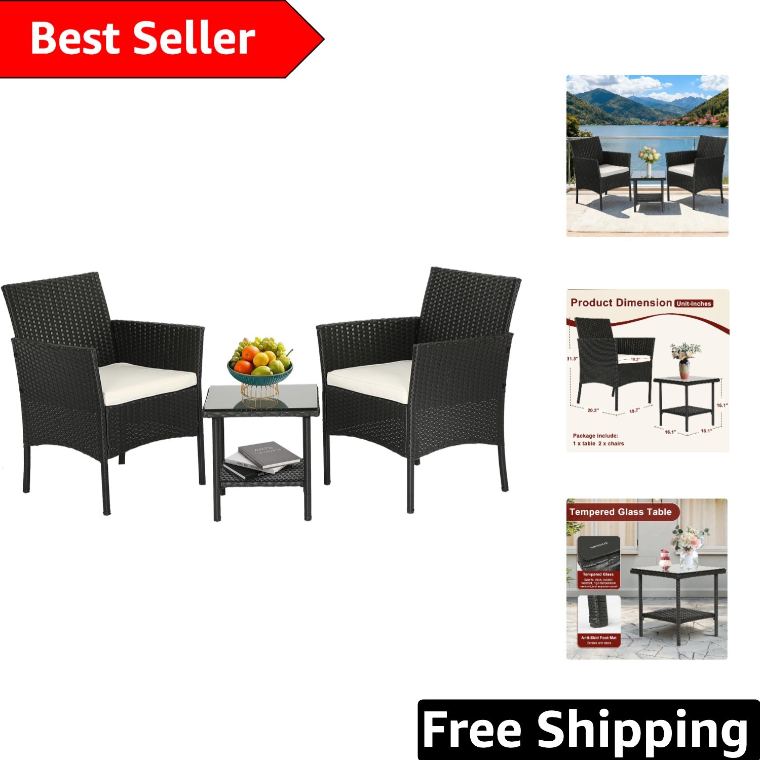 Modern Black Wicker Outdoor Furniture Set with Glass Table – Easy Assembly