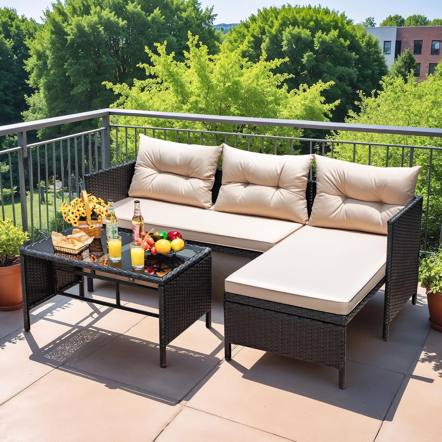 3 Piece Outdoor Patio Furniture Set Rattan Sectional Sofa Glass Table Beige Set