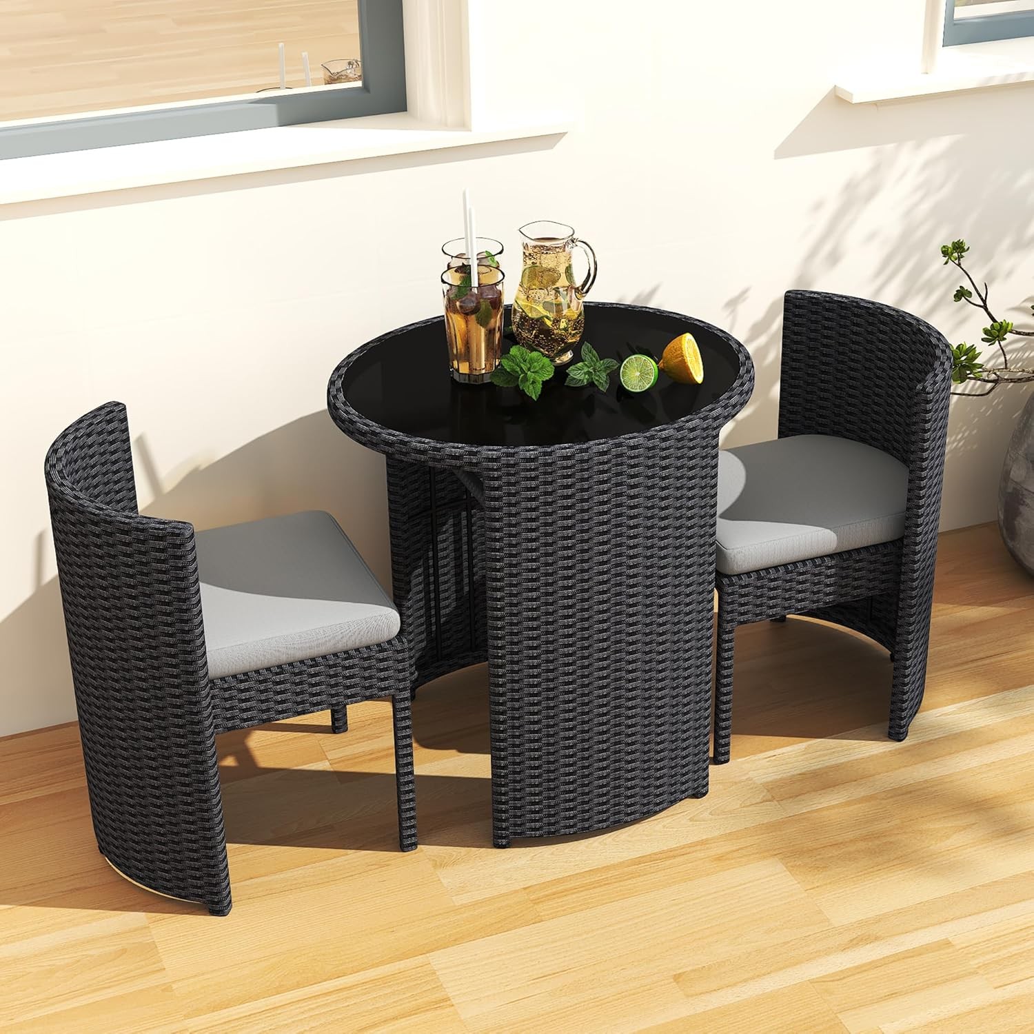 Aluminum 3 Pieces All Weather Rattan Patio Furniture Set with Tempered Glass