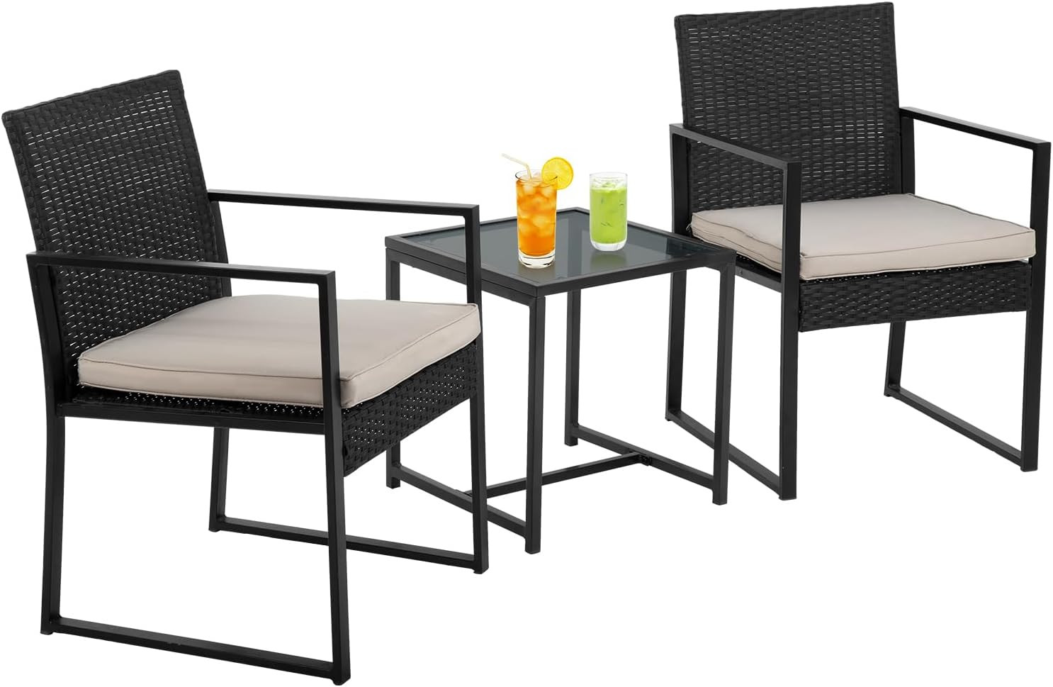 3PC Patio Furniture Set Rattan Bistro Chairs w/ Glass Table Khaki