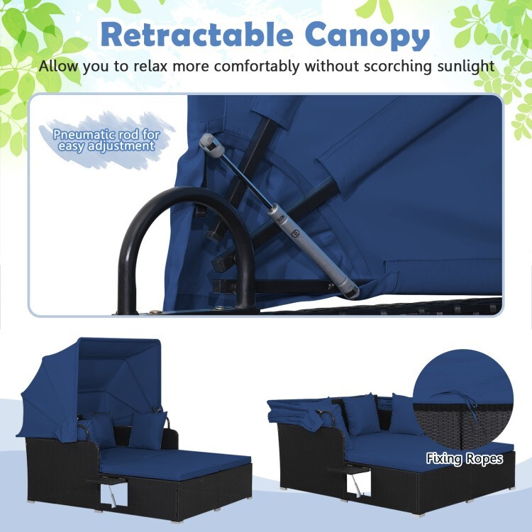 Patio Rattan Daybed Lounge Canopy Navy Cushions Outdoor Furniture W/ Side Tables