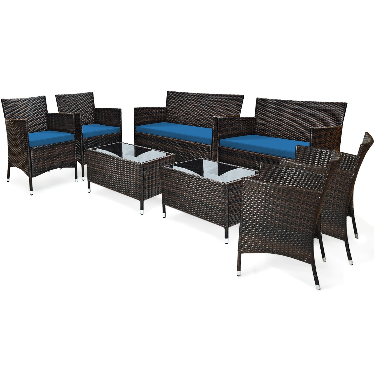 8PCS Rattan Patio Furniture Set Cushioned Sofa Chair Coffee Table Peacock Blue