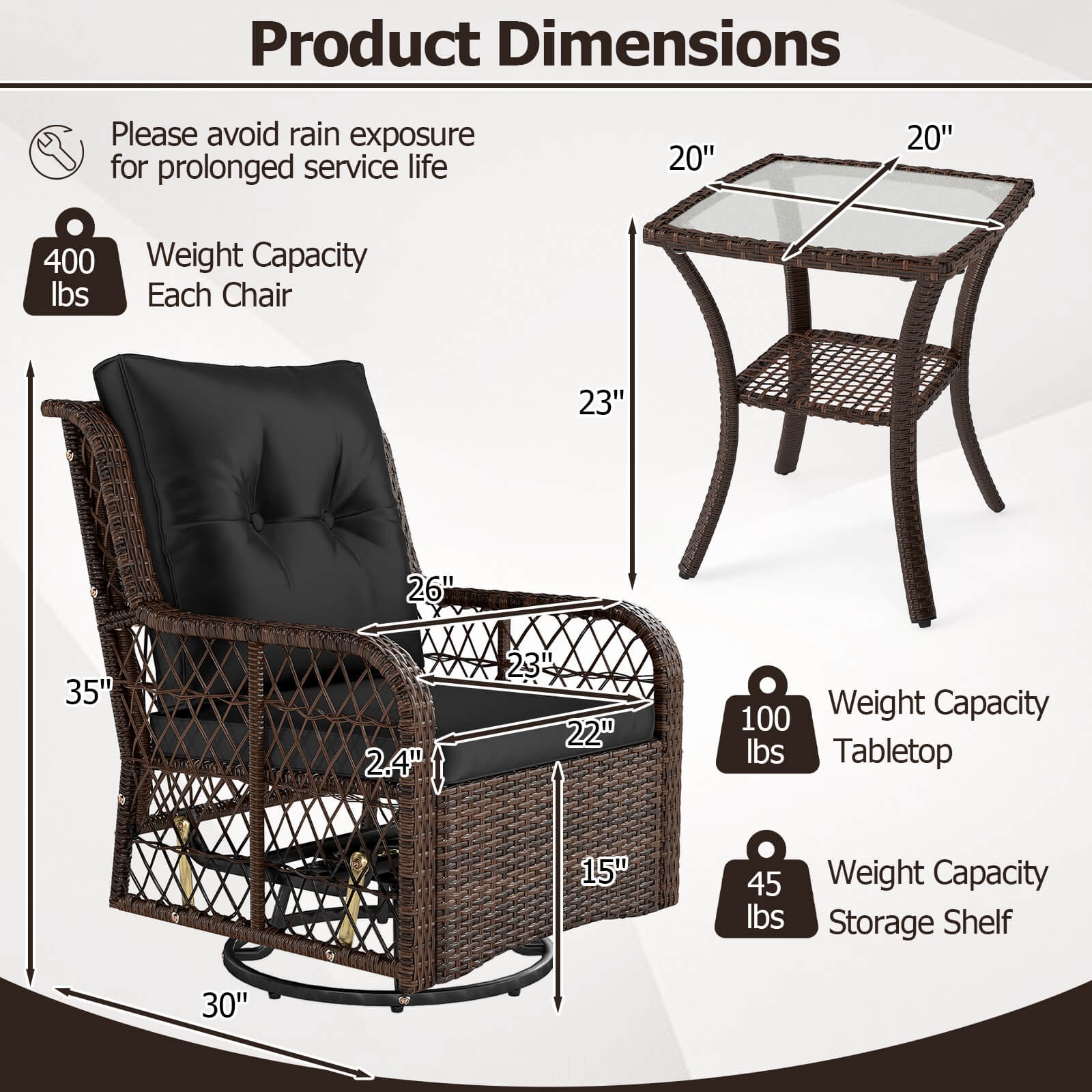 3 PCS Patio Furniture Set with 2-Tier Side Table and Cushions for Porch