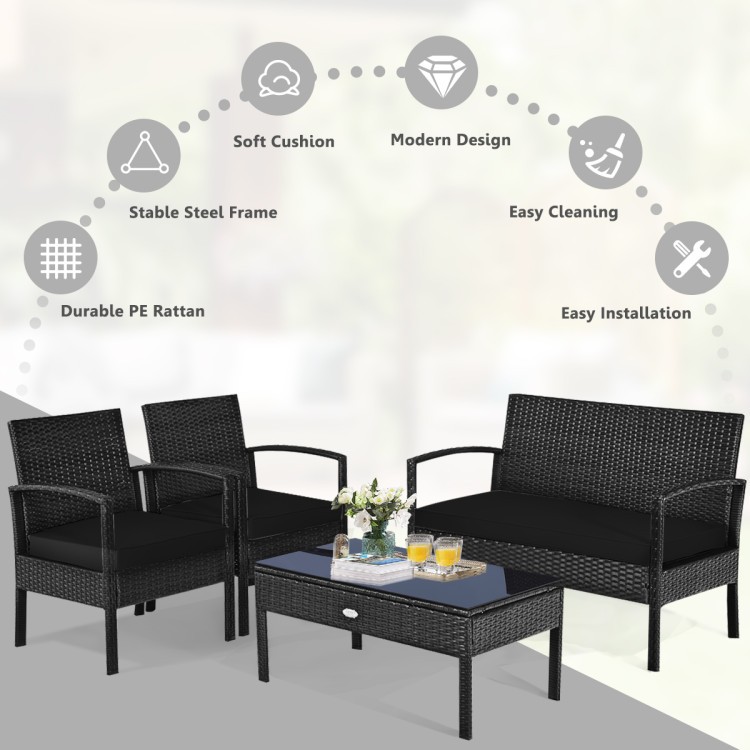 Outdoor 4-Piece Rattan Conversation Set with Tempered Glass Table