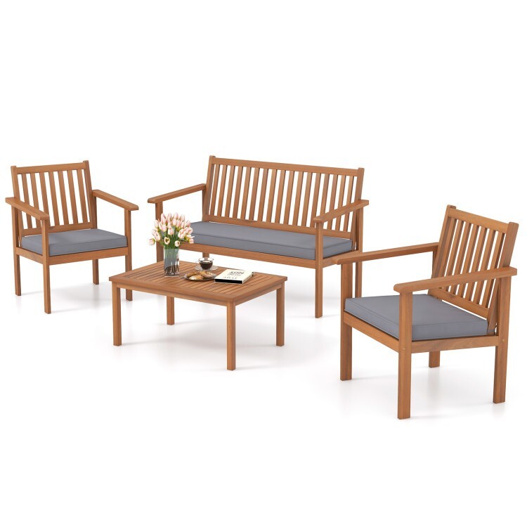 4 Pcs Patio Garden Acacia Wood Furniture Sofa Set Cushioned Chair & Coffee Table