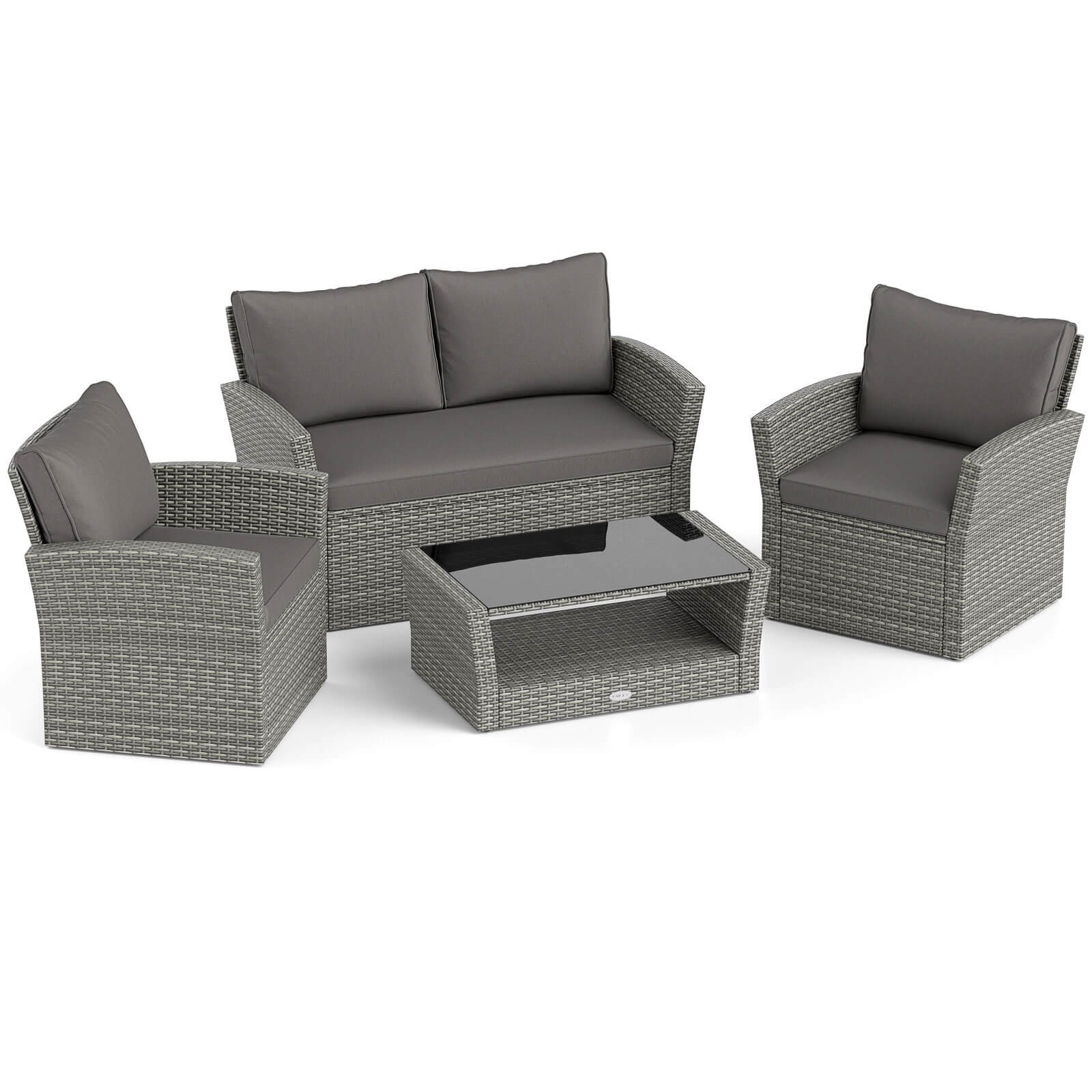 4 PCS Patio Furniture Set with 2 Rattan Chairs Loveseat Coffee Table Cushions
