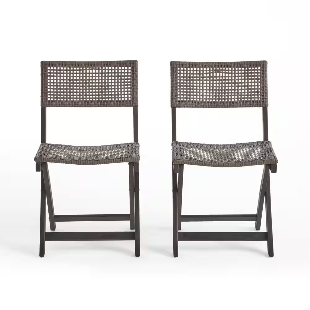 Set of 2 Outdoor Acacia Foldable Wicker Chairs, Grey + Brown, for Restaurants, P
