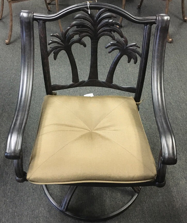 3 piece bistro patio set Palm Tree cast aluminum outdoor end table Bronze chairs