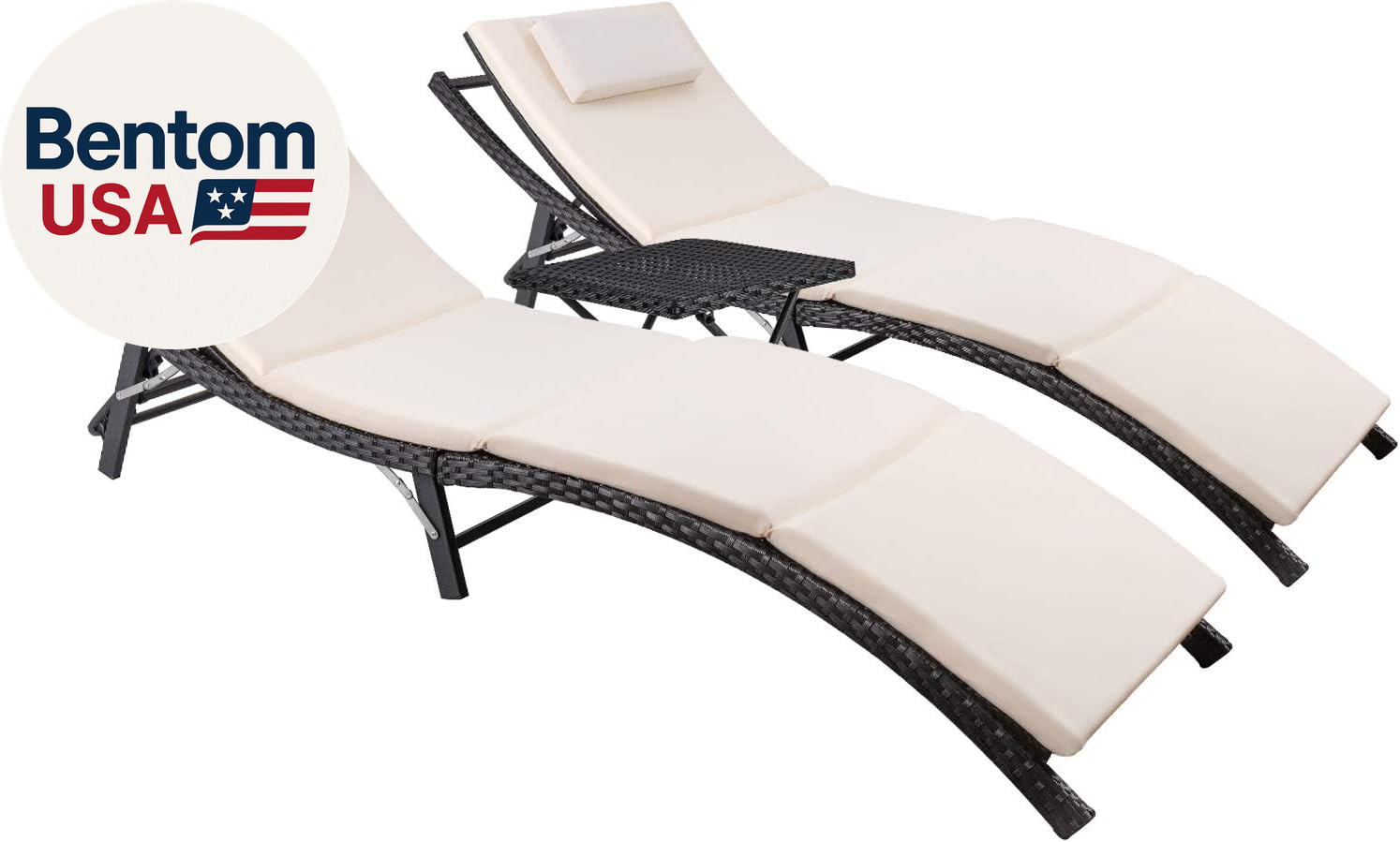 Patio Chaise Lounge Sets Outdoor Rattan Adjustable Back 3 Pieces Cushioned Patio