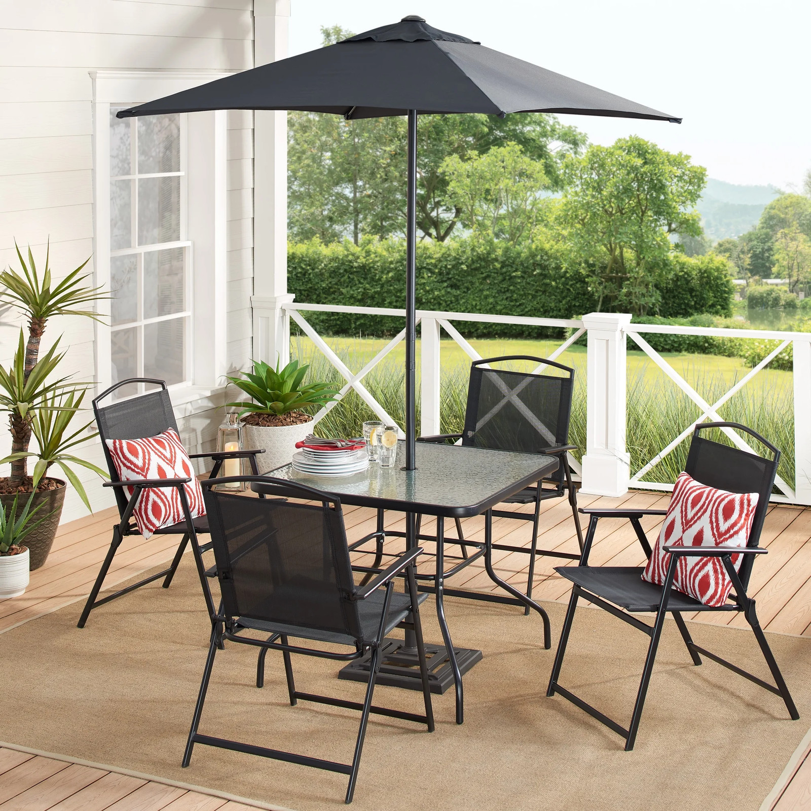 Black 6 Piece Outdoor Patio Furniture Set Table & Chairs With Umbrella Clearance