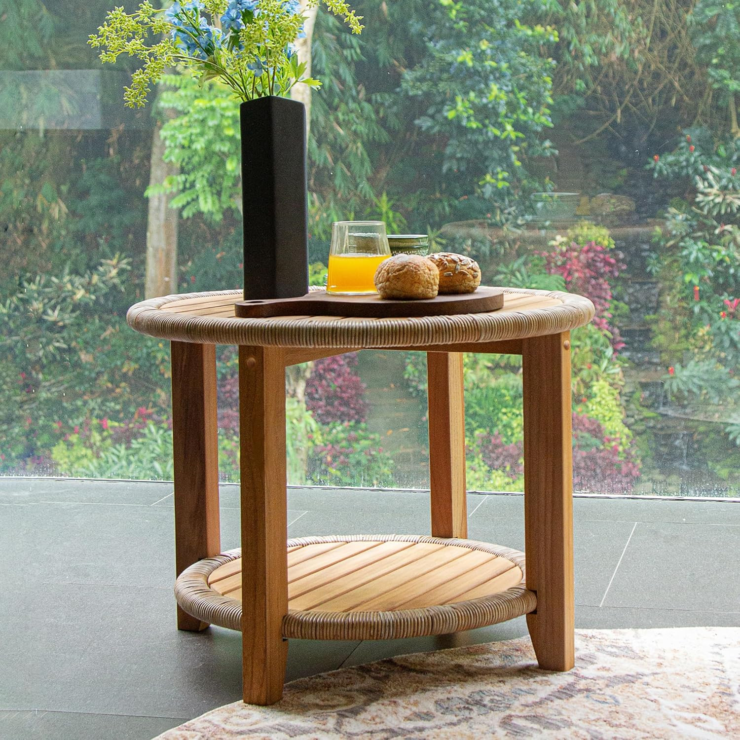 Seaside Outdoor Side Table, Natural Teak/All-Weather Wicker