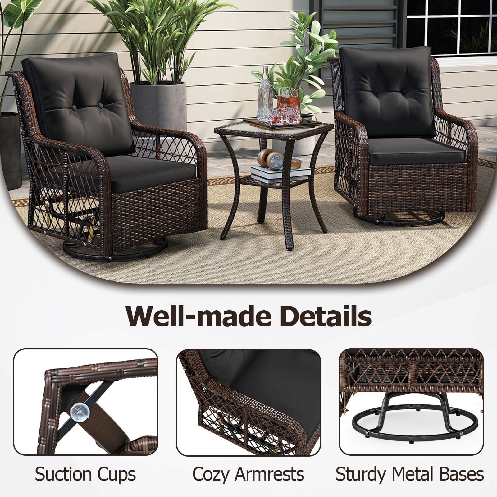 3 PCS Patio Furniture Set with 2-Tier Side Table and Cushions for Porch