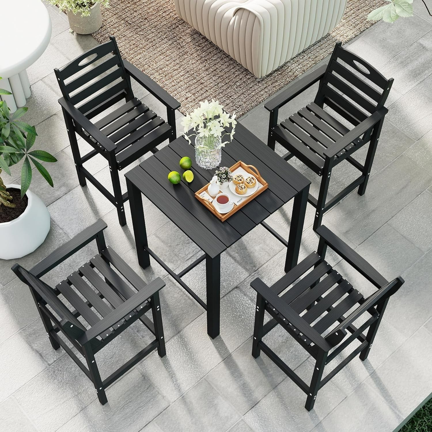 Domi 5Pcs HDPE Adirondack Patio Bar Set(1Table+4Chair)for Balcony,Backyard,Grey