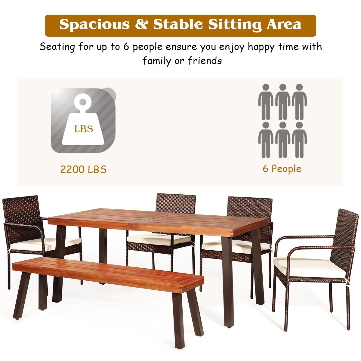 Costway 6PCS Patio Rattan Dining Set Acacia Wood Tabletop Cushioned Chair