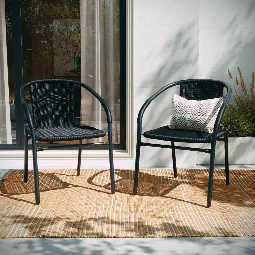 Set 2 Black Stackable Patio Chairs Rattan Indoor Outdoor Restaurant Bistro Style
