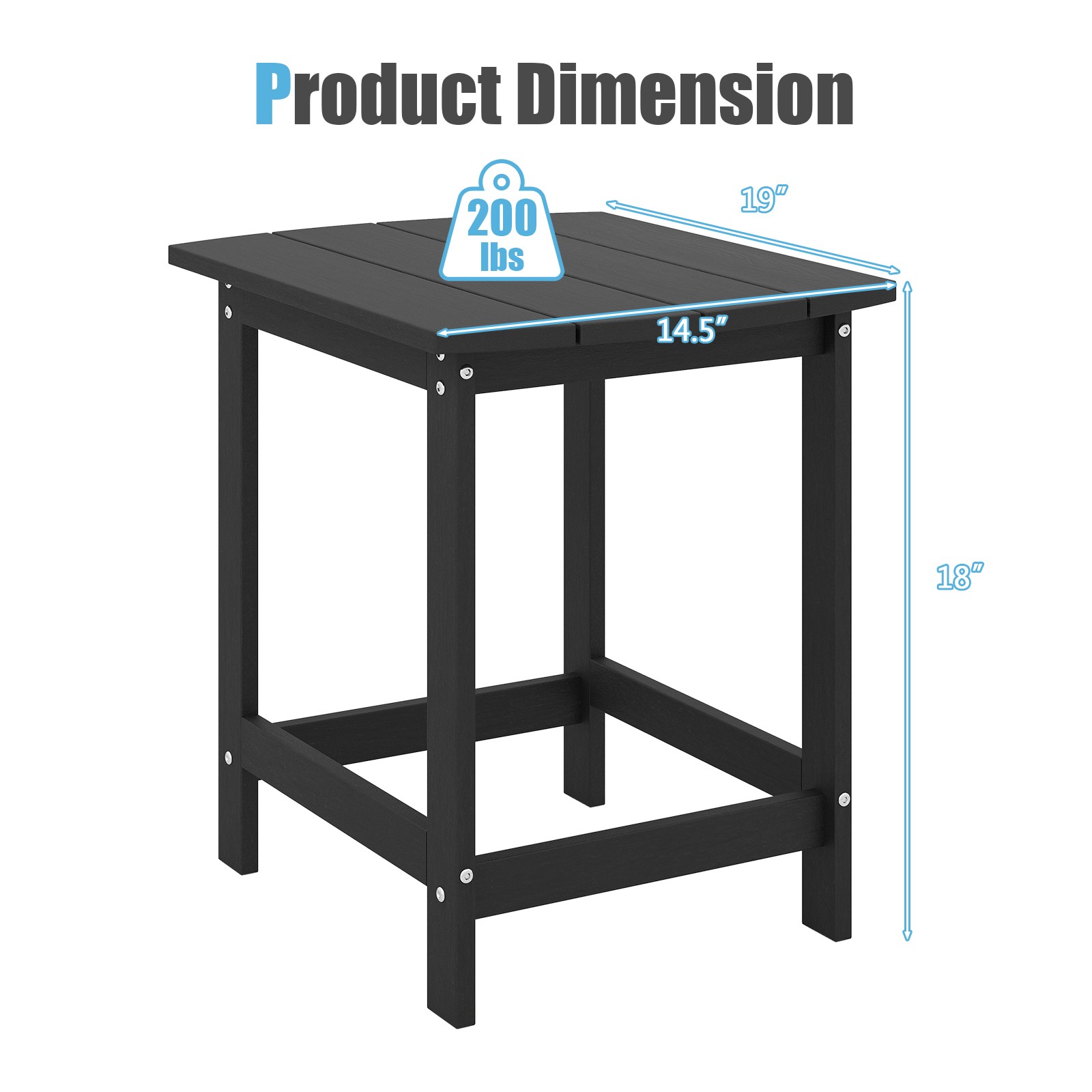 18″ Patio Adirondack Side Table, Weather Resistant, HDPE for Garden, Black