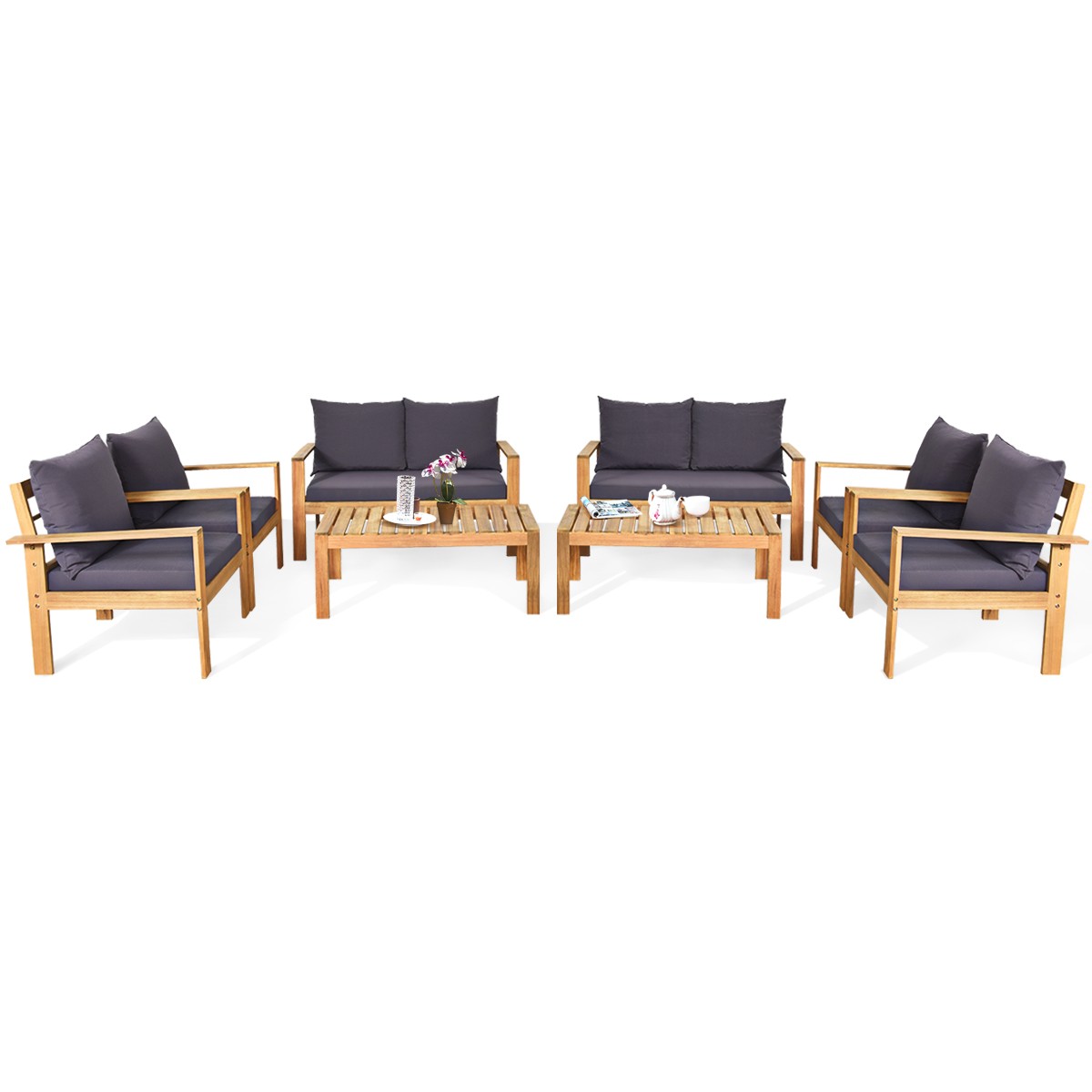 8PCS Patio Garden Set Acacia Wood Thick Cushion Loveseat Sofa