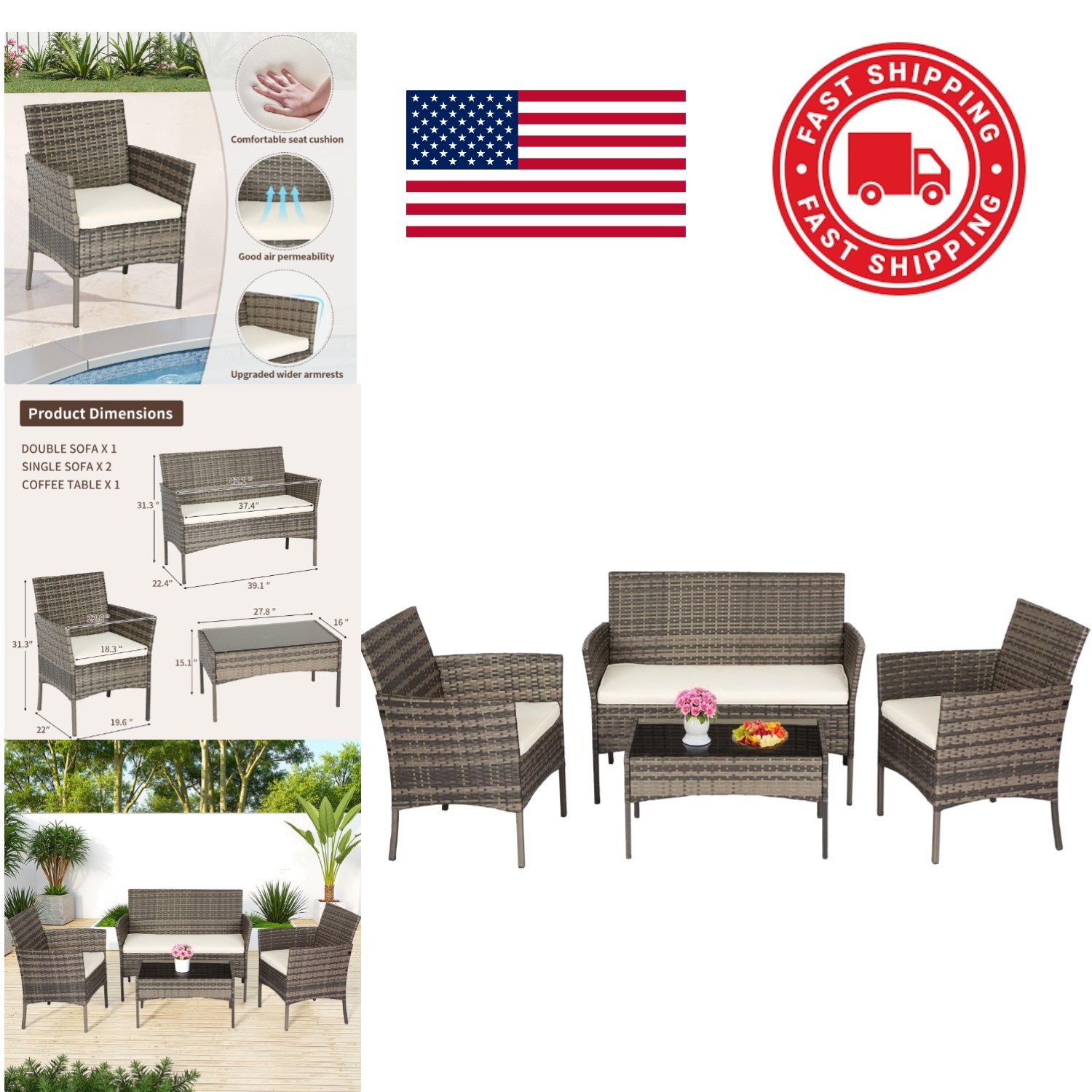 Outdoor Patio Furniture Set 4 Pieces Wicker Rattan Loveseat Coffee Table