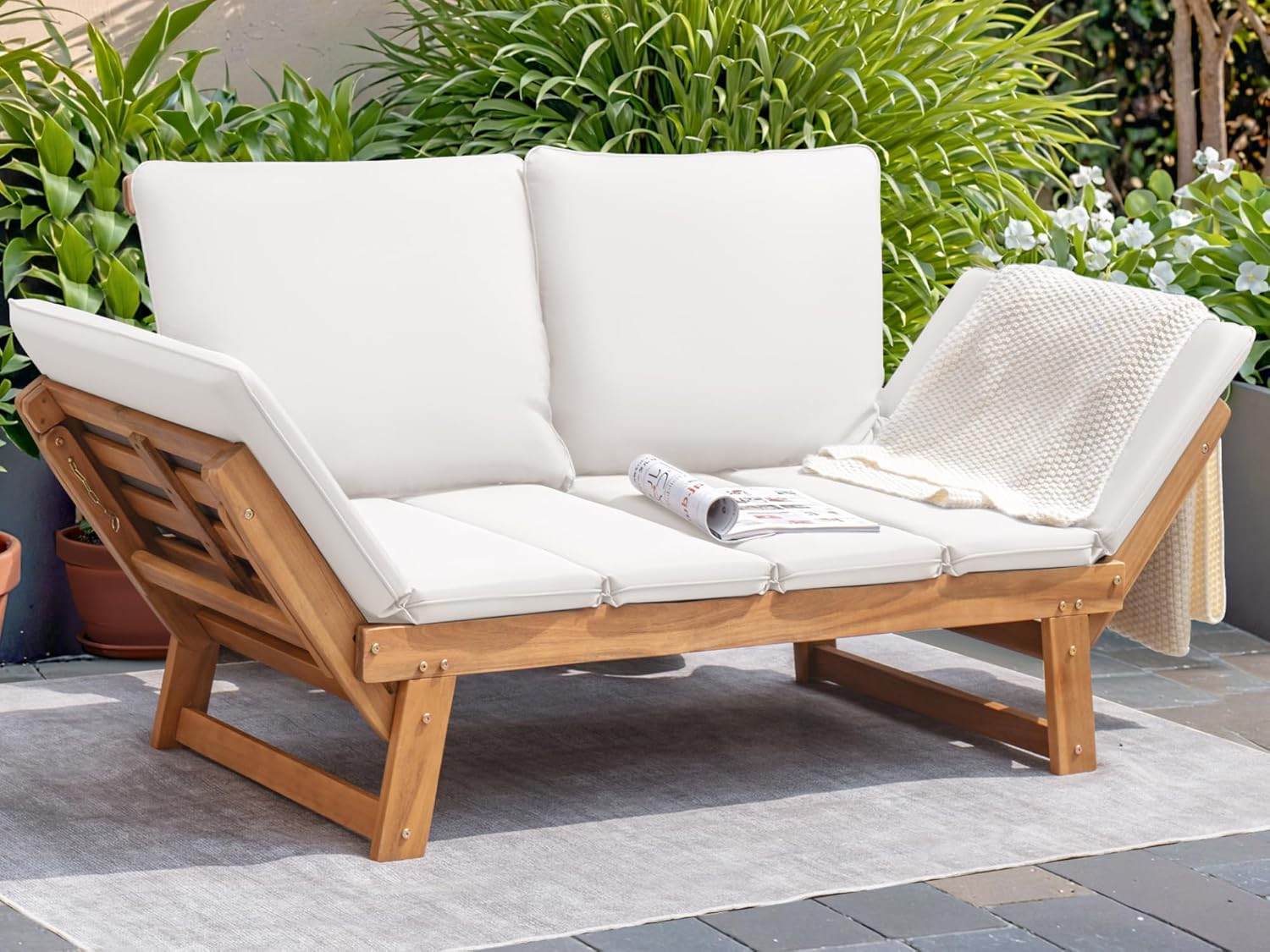 Outdoor Couch Acacia Wood Patio Couch with Adjustable Armrests, Outdoor Convert
