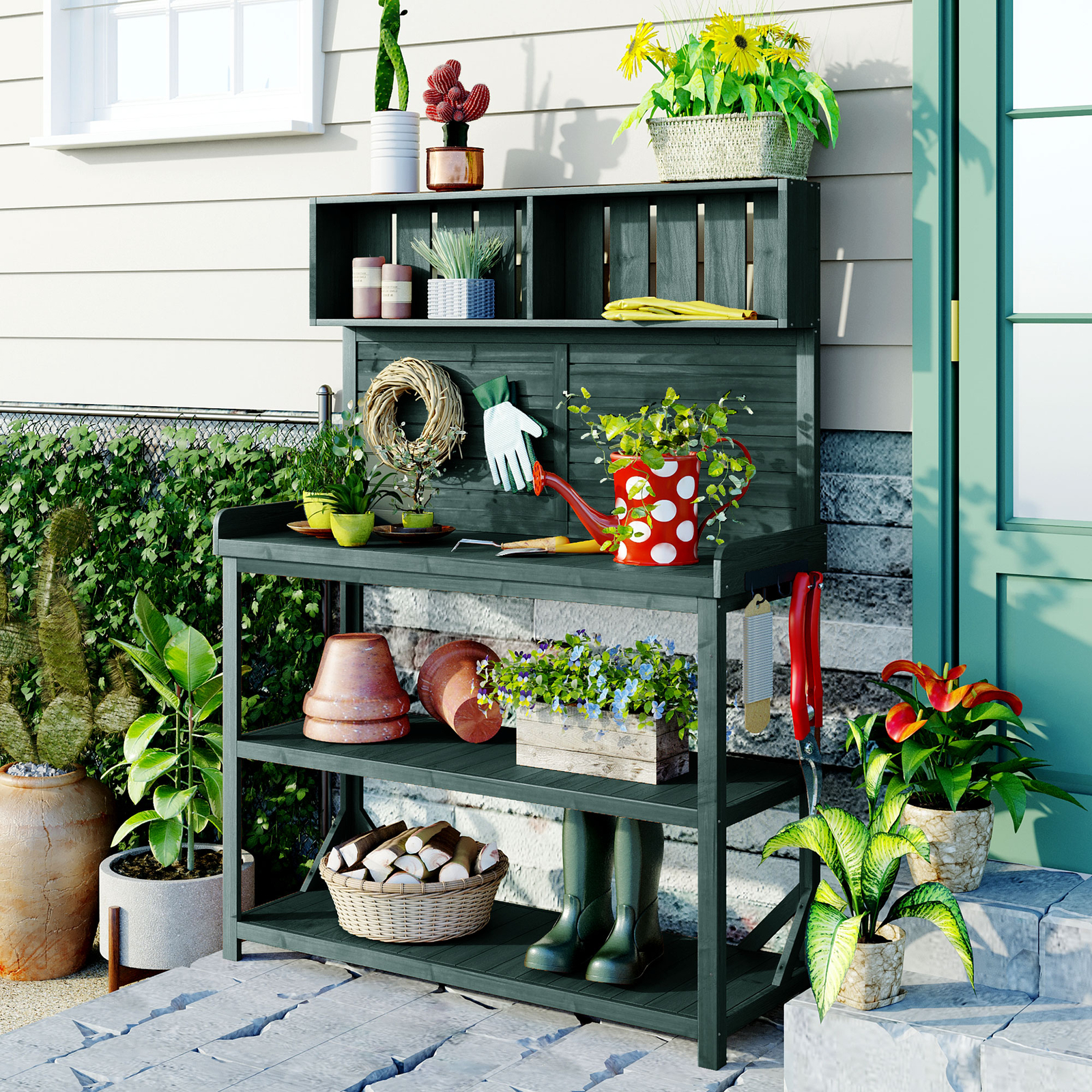 Large Wooden Farmhouse Rustic Outdoor Potting Bench Table with 4 Storage Shelves